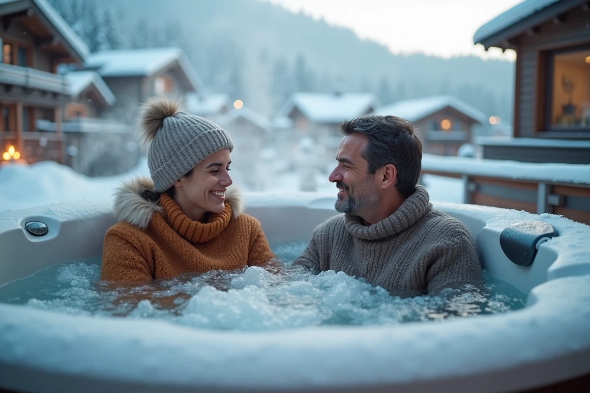 Couple dans un jacuzzi enneige en montagne