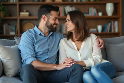 Couple assis sur un canapé en discussion naturelle