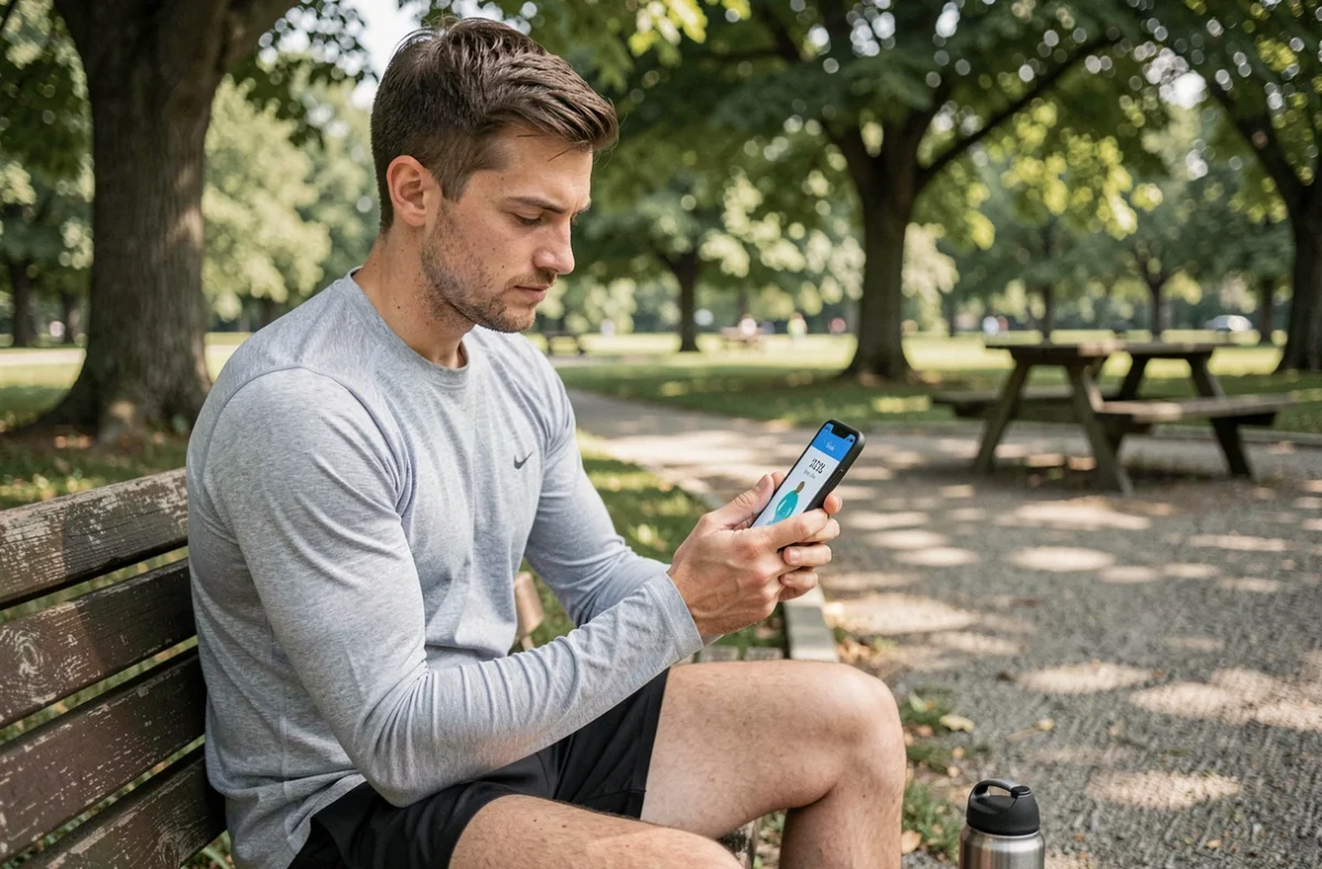 Coureur analysant ses données d'allure en min/km et km/h sur une application smartphone après une séance de course