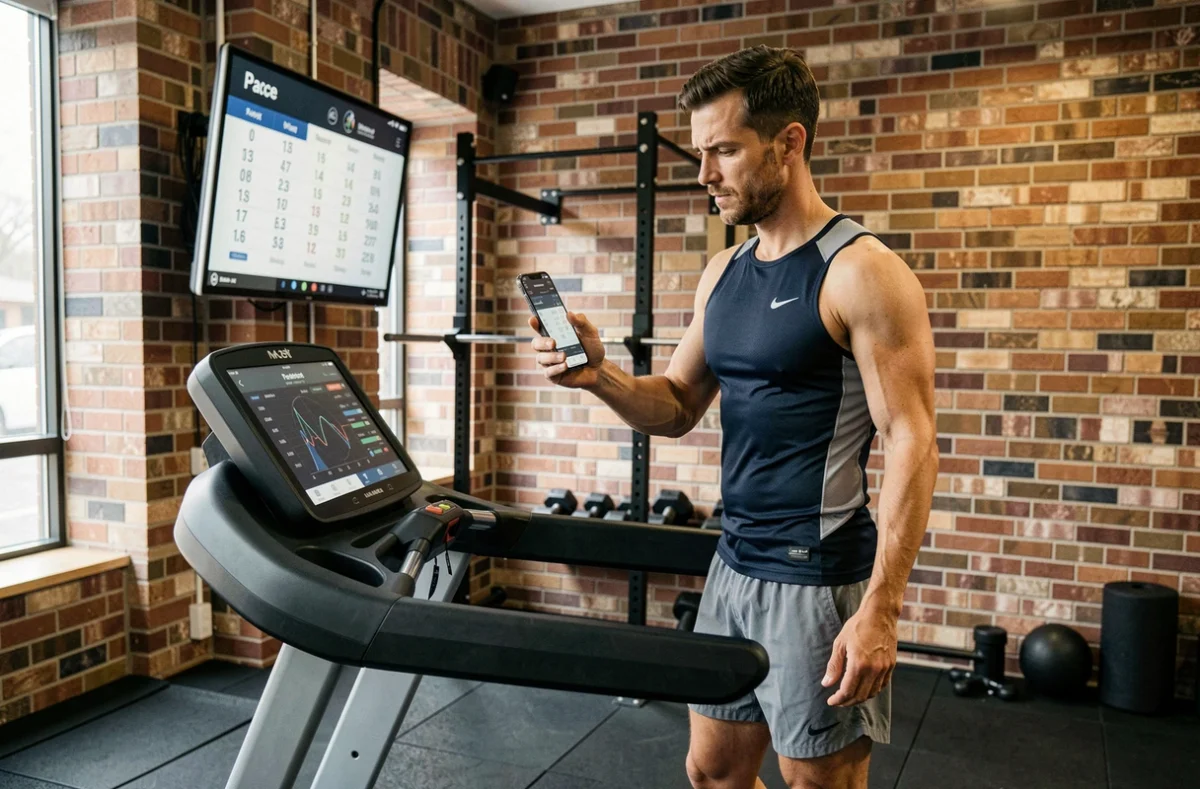 Coureur comparant sa vitesse moyenne marathon sur smartphone et tableau d'allures dans une salle de sport