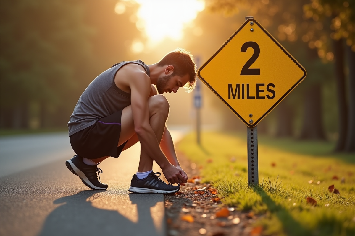 Coureur attachant ses lacets au matin près d'un panneau 2 miles