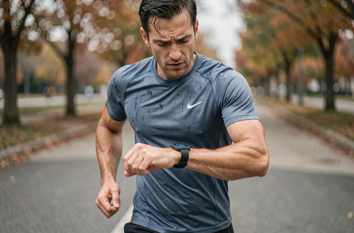 Coureur masculin en plein entraînement marathon regardant sa montre GPS avec perplexité dans un parc urbain
