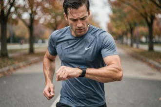 Coureur masculin en plein entraînement marathon regardant sa montre GPS avec perplexité dans un parc urbain