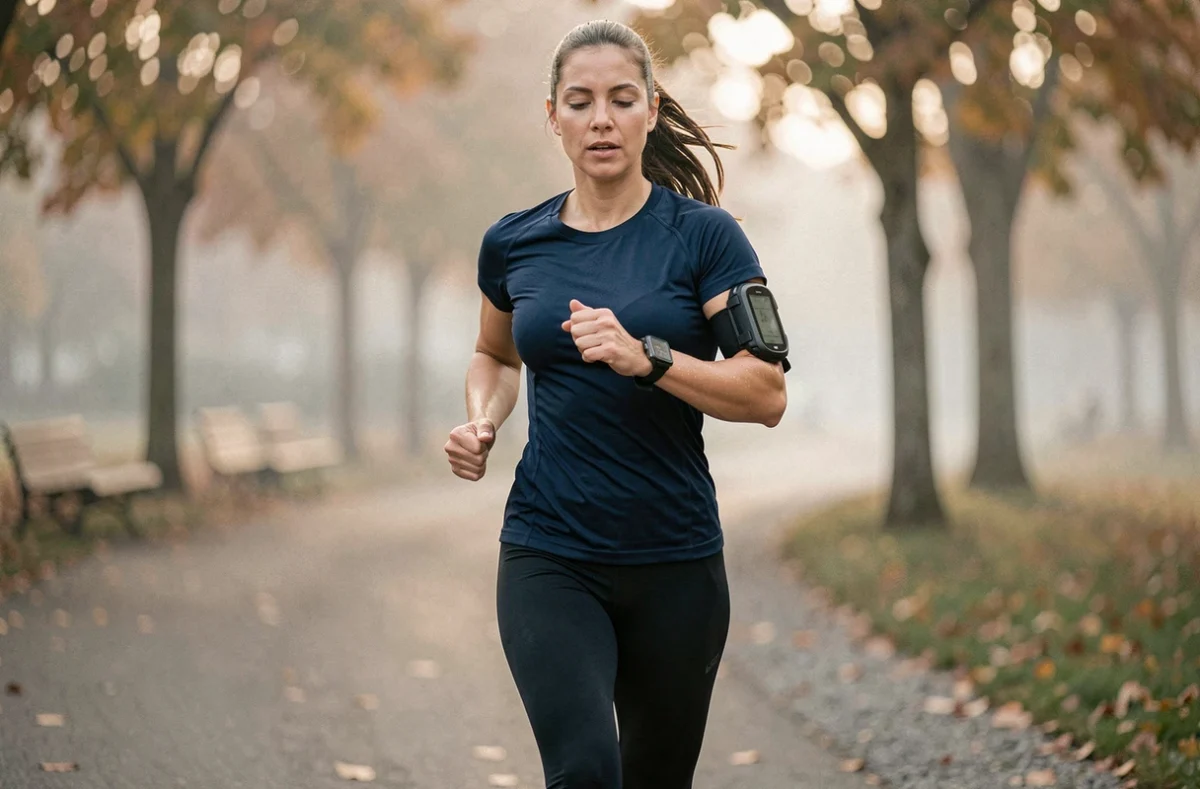 Coureuse vérifiant son allure en min/km sur une montre GPS pendant un entraînement matinal en milieu urbain