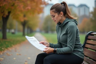 Coureuse consultant un plan d'entraînement avec conversion de pas en kilomètres dans un parc urbain en automne