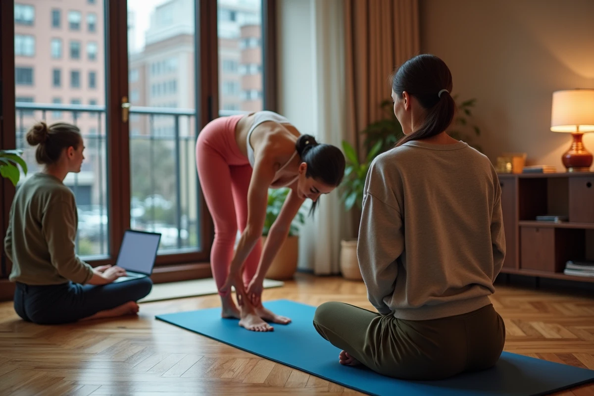 Deux femmes suivant un cours de Pilates gratuit en ligne sur ordinateur portable à domicile, l'une en posture de pont sur un tapis bleu pour reprendre le sport progressivement