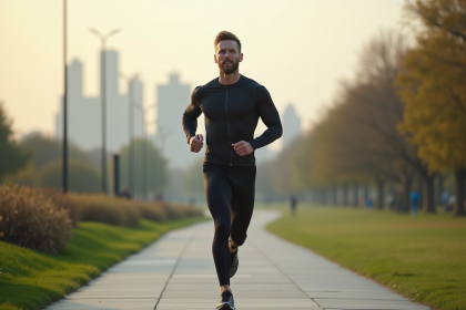 Homme en course dans un parc urbain au matin