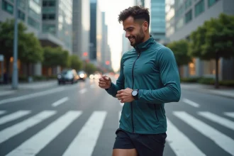 Jeune homme courant en ville regardant sa montre connectée