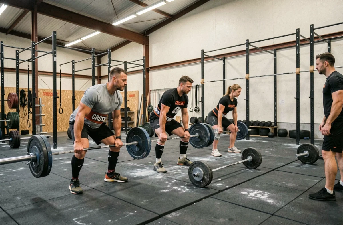Séance de CrossFit dynamique avec des athlètes et un coach dans la salle CrossFit 6 à Colmar