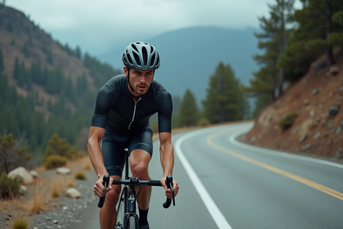 Cycliste en montée sur une route de montagne