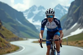 Cycliste professionnel en position aérodynamique sur un col alpin, illustration du programme 2026 de Pogacar pour le Tour de France