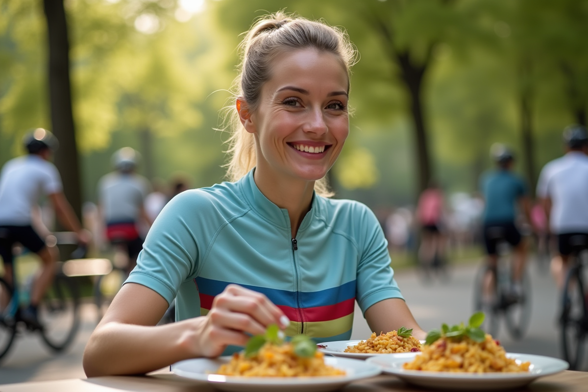 Femme cycliste choisit entre riz et pâtes dans un café en plein air