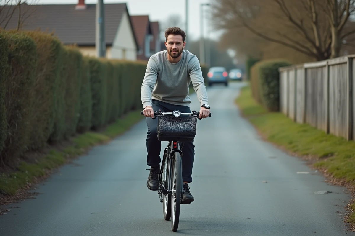 Cycliste testant la maniabilité d'un vélo avec panier lesté sur une piste cyclable en zone résidentielle