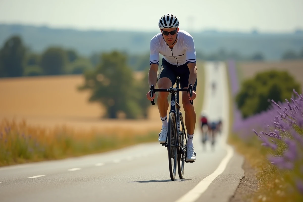 Cycliste sur un Van Rysel RCR pédalant dans la campagne provençale lors d'un premier gran fondo