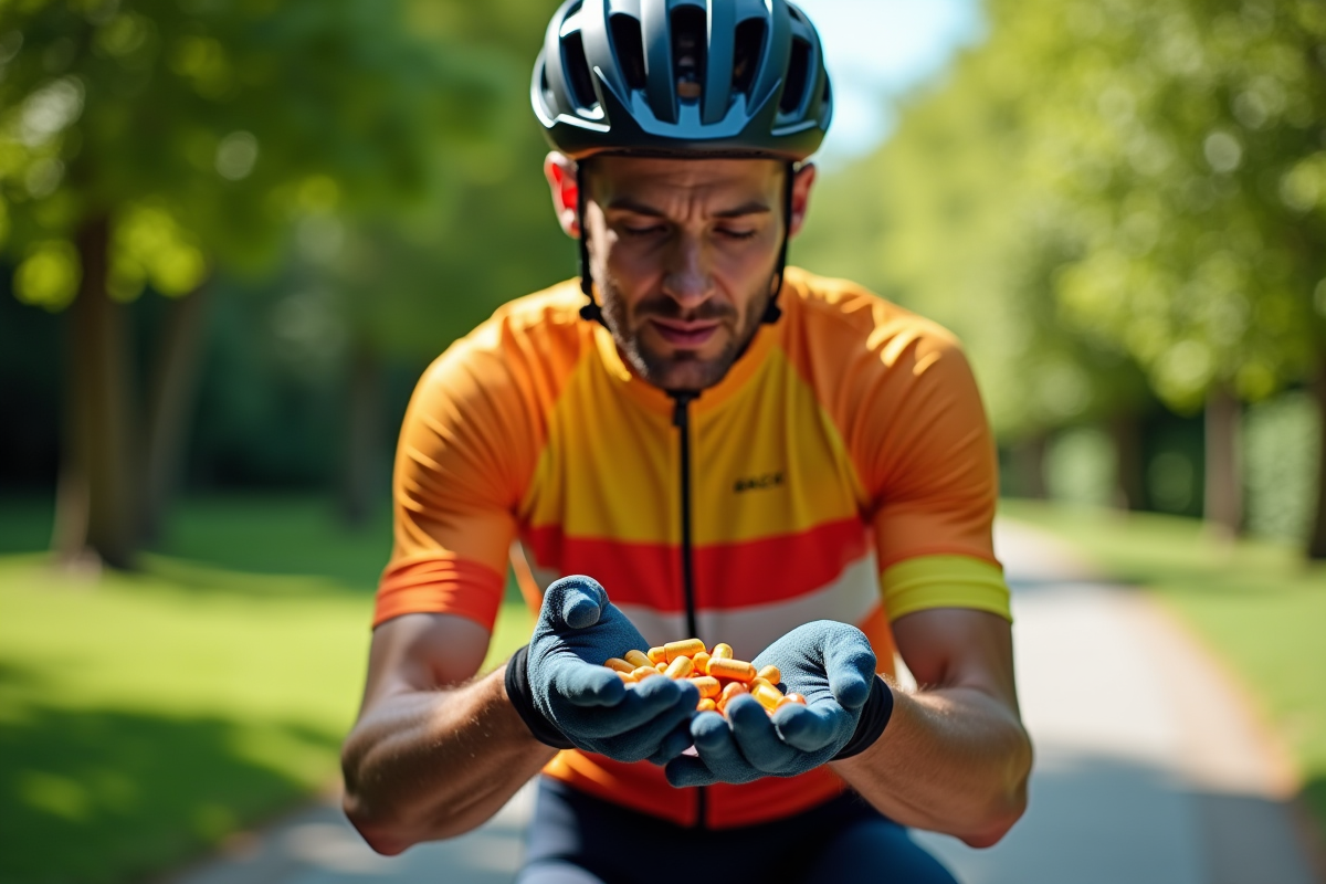 Homme cycliste examinant des capsules de vitamines dans un parc