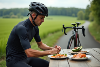 Cycliste en plein air examine son repas sain à côté de son vélo