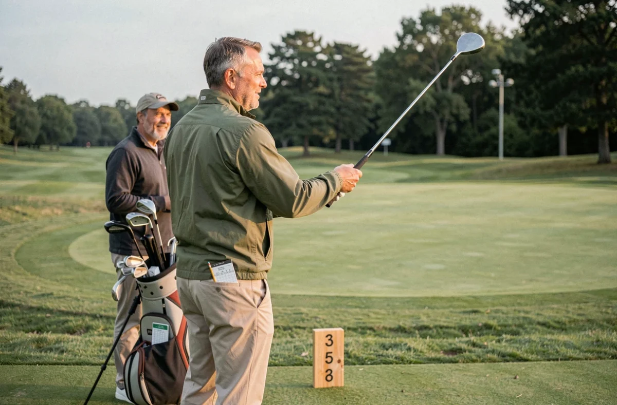 Homme débutant au départ du premier trou avec un driver, accompagné d'un ami, scorecard visible dans le sac de golf