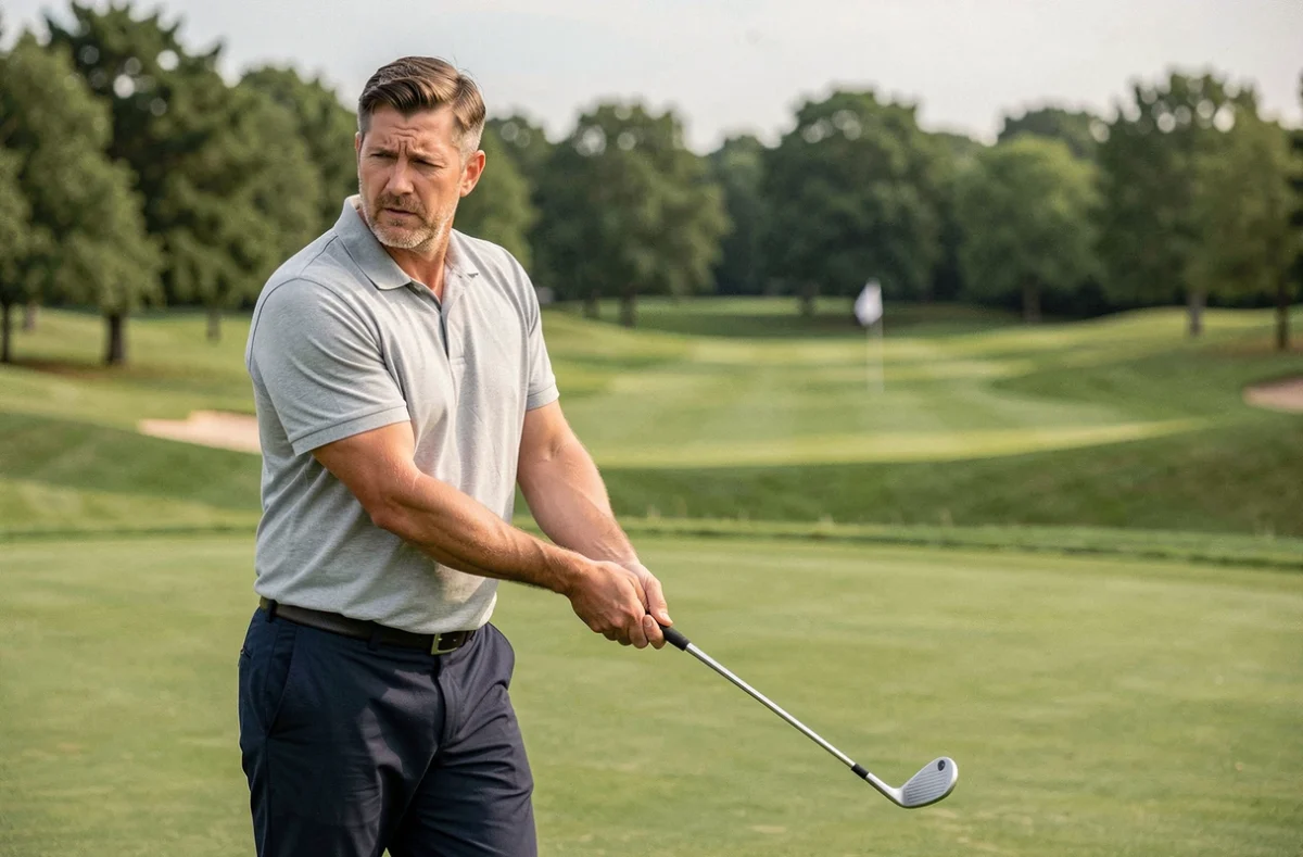 Débutant en golf sur le fairway d'un parcours 18 trous, prêt à frapper sa première balle avec un fer, expression concentrée