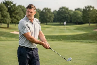 Débutant en golf sur le fairway d'un parcours 18 trous, prêt à frapper sa première balle avec un fer, expression concentrée