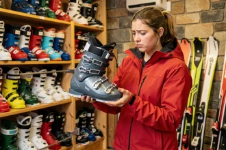 Jeune femme débutante examinant des chaussures de ski dans un magasin de location, l'air hésitante face au choix du matériel