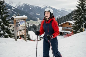 Jeune femme débutante en ski avec veste rouge sur les pistes douces des Menuires, souriante et équipée