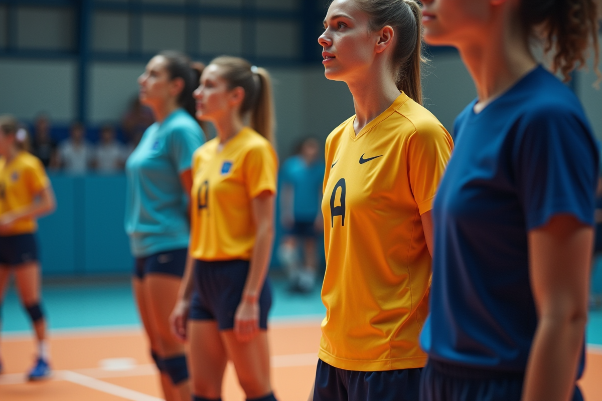 Zoom sur le court de volleyball intérieur avec joueurs en action