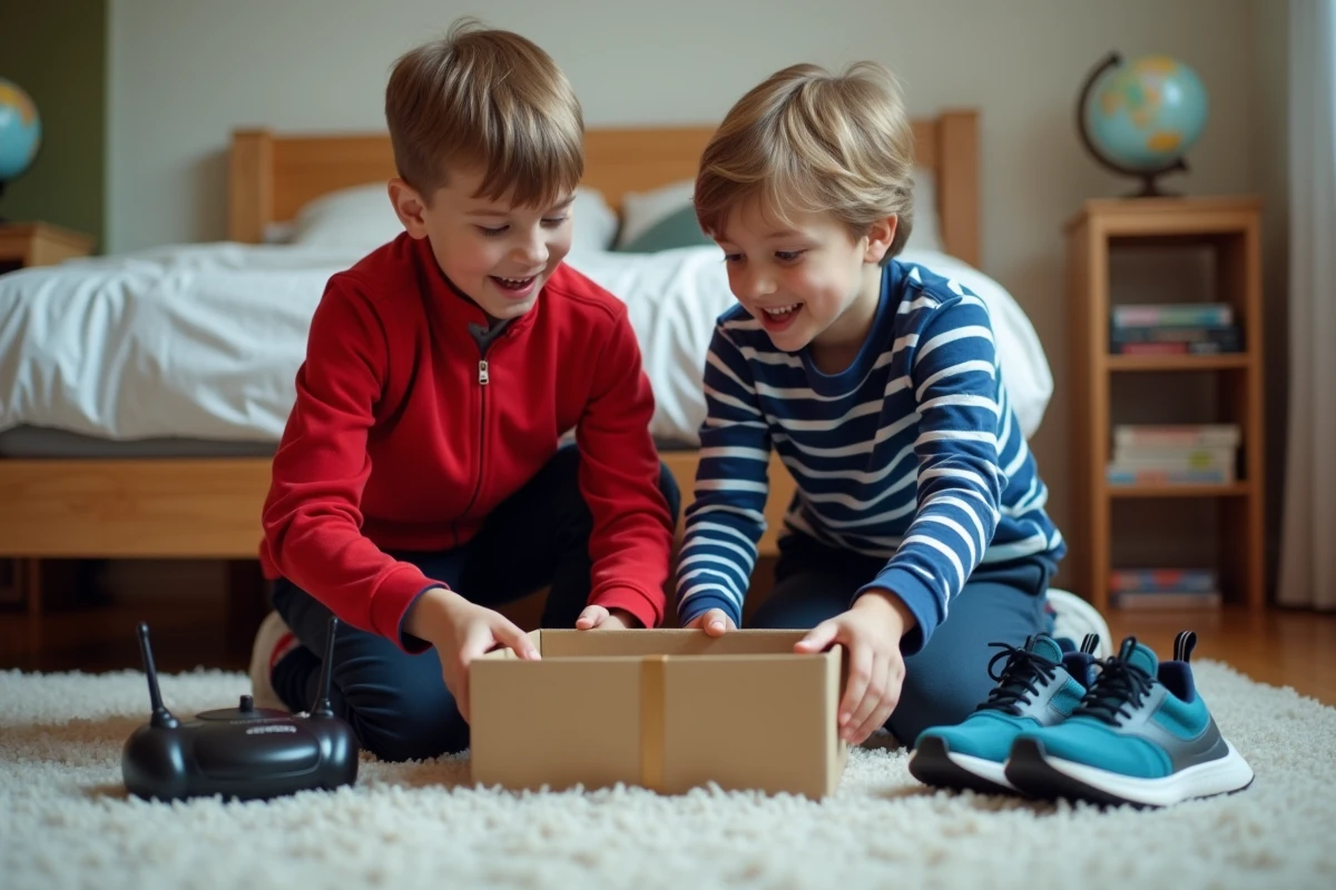 Deux garçons de 11 ans découvrant des cadeaux high-tech et sportifs dans une chambre d'enfant