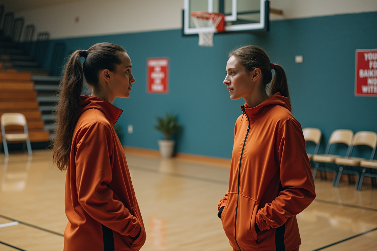 Deux femmes discutant sur le bord du terrain de basketball