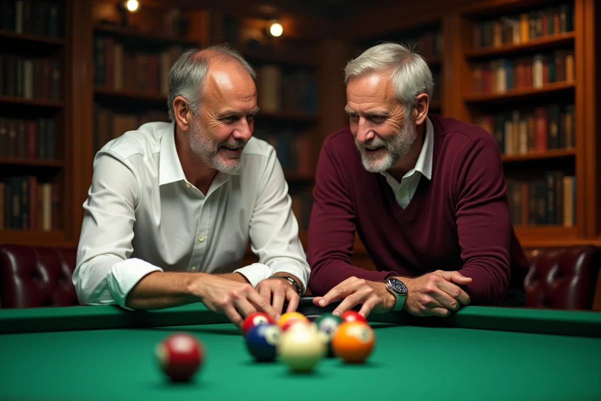Deux joueurs de billard discutant de l'ordre de placement des boules numérotées dans le triangle avant une partie