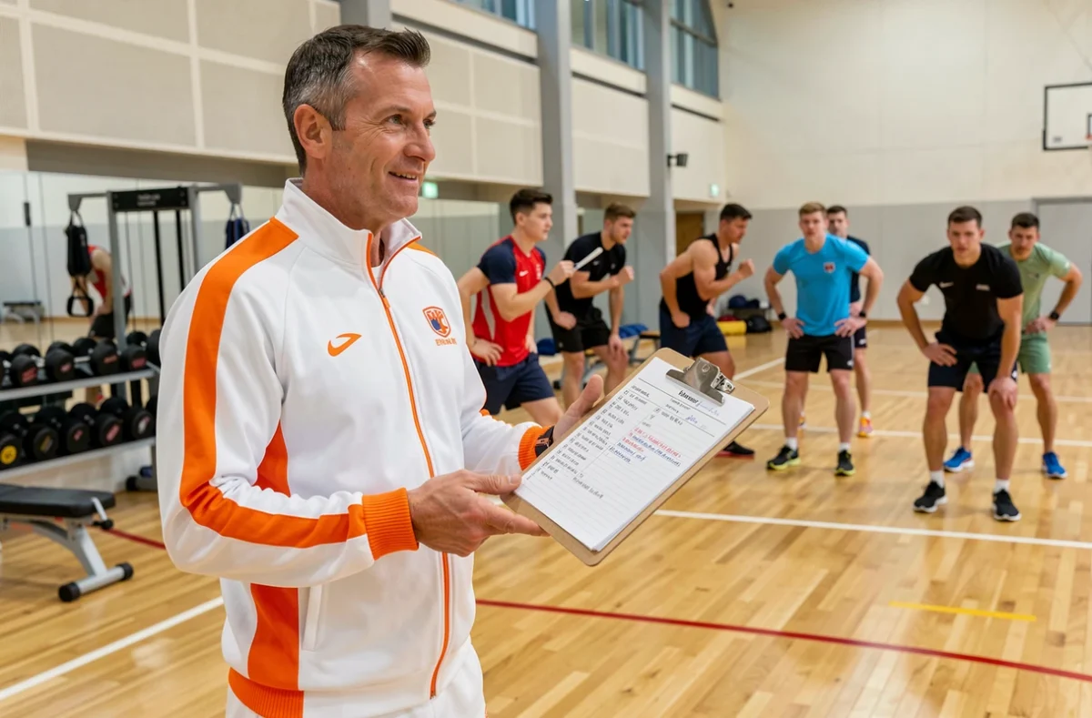 Coach sportif Disportex dans une salle de sport moderne supervisant des athlètes à l'entraînement