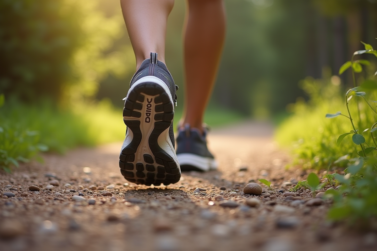 Détail de chaussures de sport sur un sentier en gravier