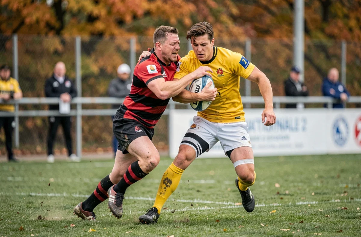 Duel de plaquage entre deux joueurs lors d'un match de rugby Nationale 2, action authentique sur terrain en herbe