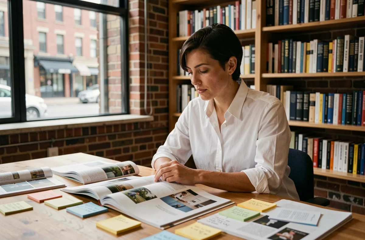 Éditrice analysant la ligne éditoriale d'un magazine dans un studio moderne avec des maquettes imprimées sur son bureau