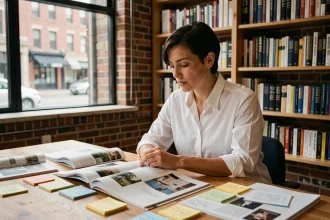 Éditrice analysant la ligne éditoriale d'un magazine dans un studio moderne avec des maquettes imprimées sur son bureau