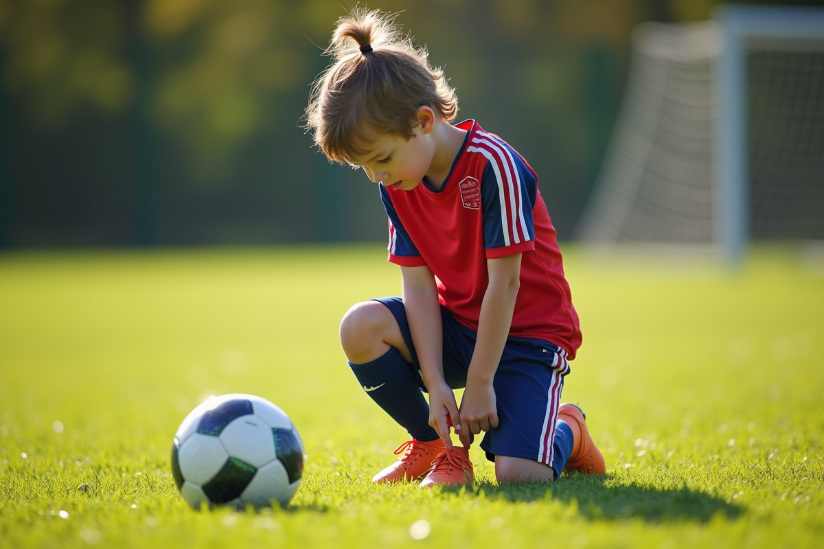 Jeune enfant nouant ses chaussures de football sur un terrain
