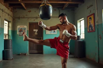 Boxeur thaï masculin exécutant un coup de pied haut sur un sac de frappe dans une salle d'entraînement urbaine authentique