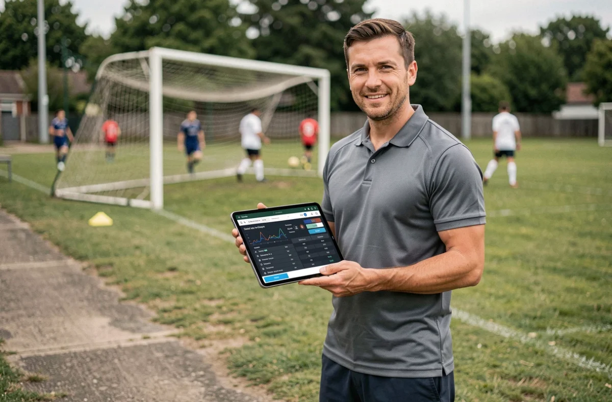 Entraîneur amateur consultant un tableau de bord de gestion sportive sur tablette au bord d'un terrain de football