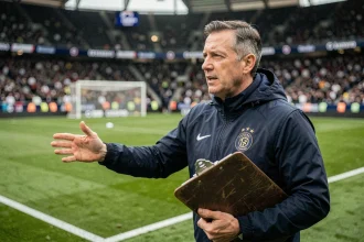 Entraîneur de l'Inter de Milan donnant des consignes tactiques en bord de terrain lors d'un match de Ligue des Champions