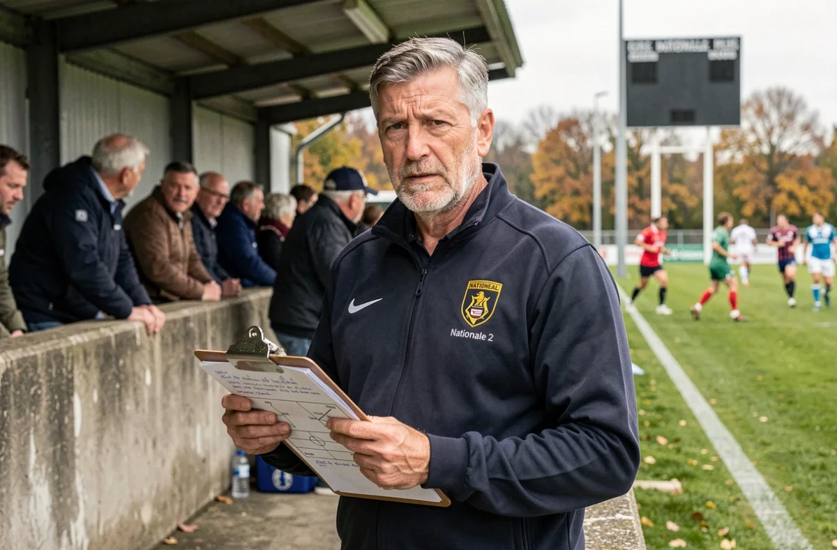 Entraîneur de rugby Nationale 2 sur la touche avec un clipboard tactique lors d'un match de championnat