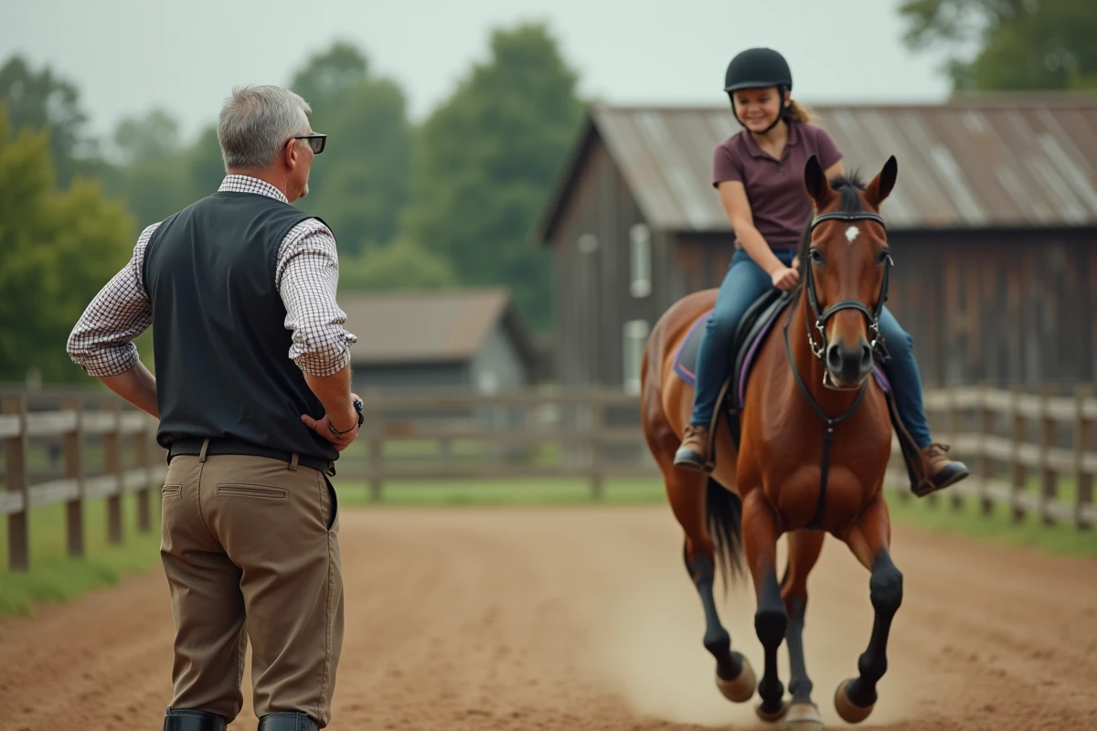 Entraîneur à cheval avec une jeune cavalière en extérieur