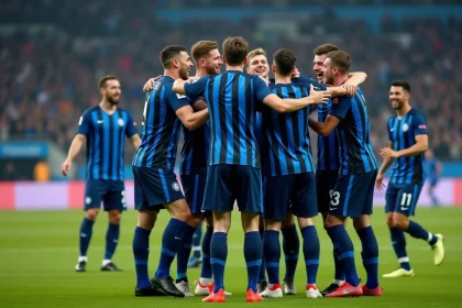 Groupe de joueurs de football en célébration après victoire en Ligue des Champions
