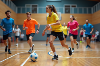Groupe de jeunes jouant au handball en salle moderne