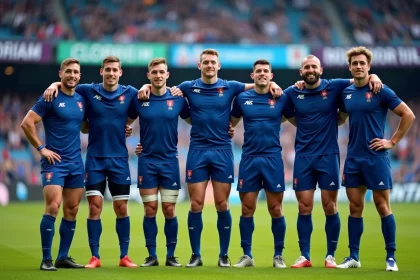Groupe de joueurs de rugby U20 français camarades après un match
