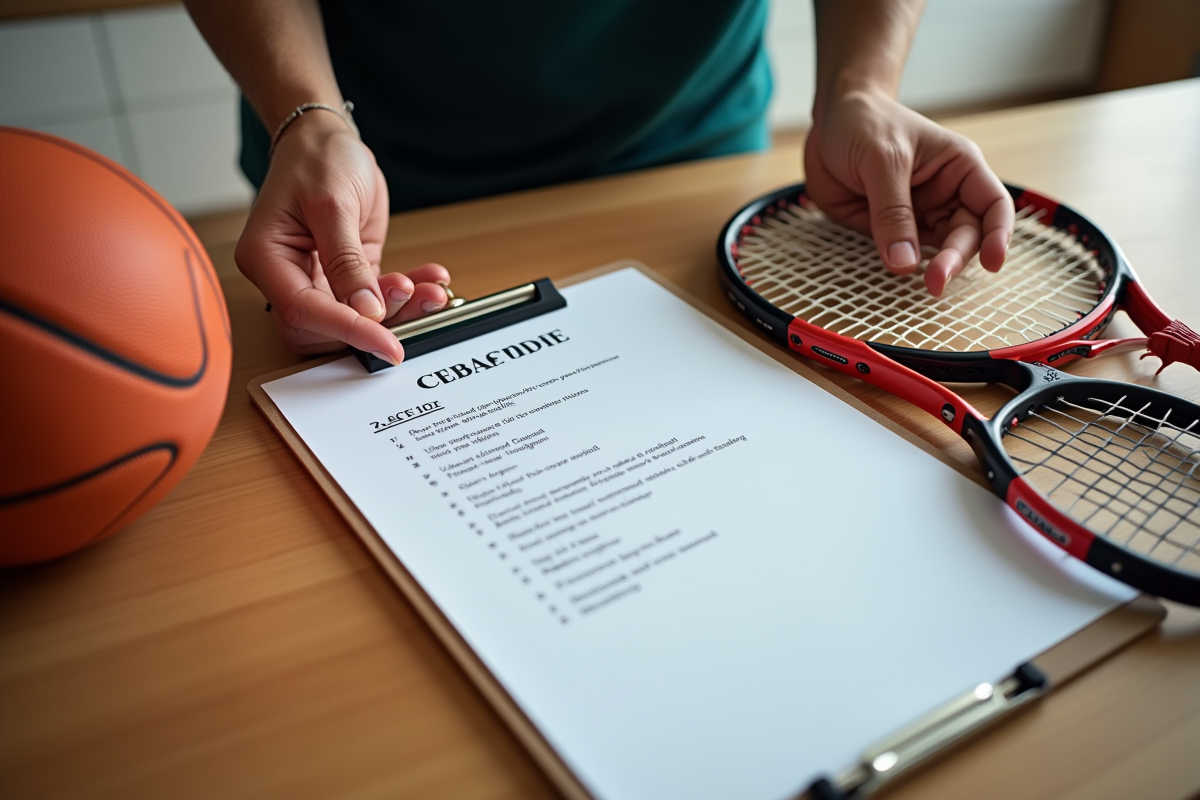 Mains disposant des équipements sportifs et un tableau avec règles