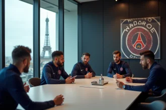 Groupe de joueurs PSG en réunion dans un bureau moderne avec vue sur Paris