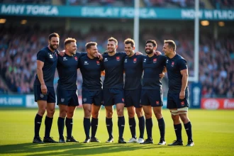 Groupe de joueurs de rugby souriants après un match