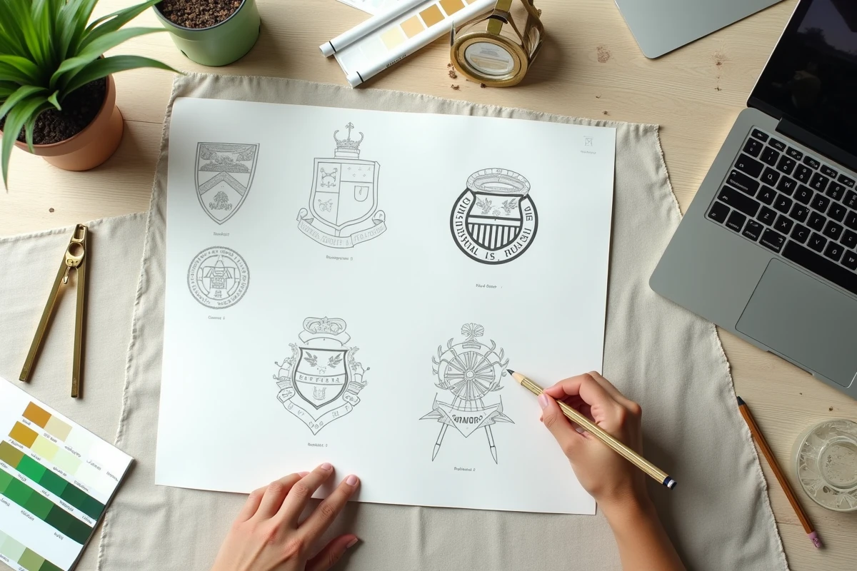 Vue aérienne des étapes de conception d'un logo de football avec esquisses et palette de couleurs