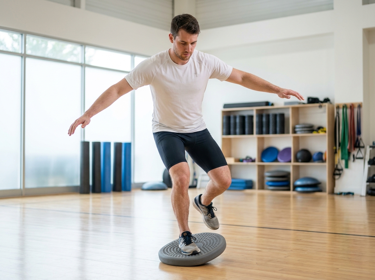 Sportif en rééducation réalisant un exercice d'équilibre sur plateau instable pour la cheville