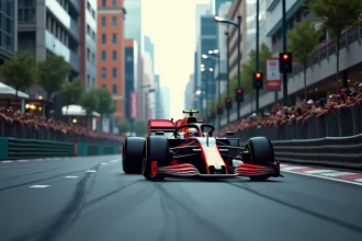 Monoplace de Formule 1 en plein virage sur un circuit urbain étroit lors de la saison 2026