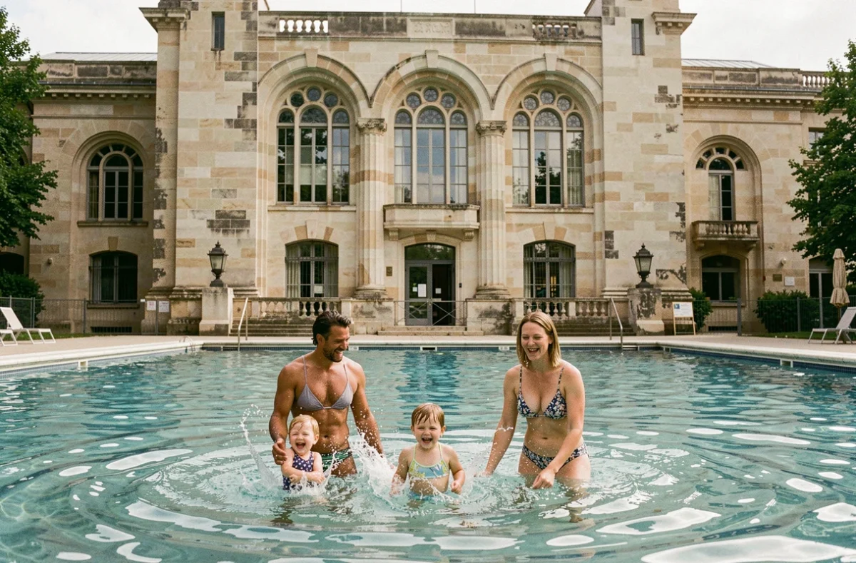 Famille avec enfants profitant de la piscine de la Butte aux Cailles à Paris, façade art déco en arrière-plan